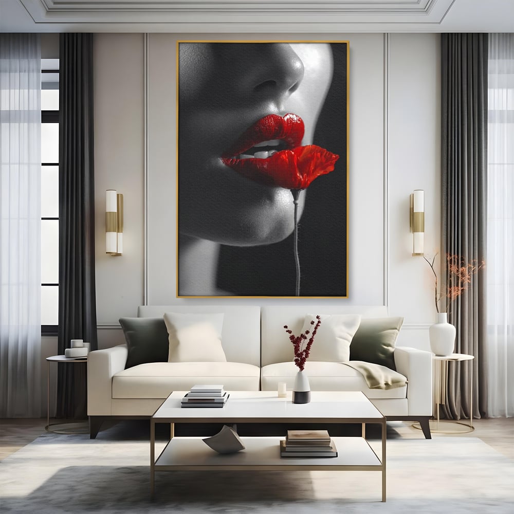 Tablou Canvas Premium, LuxCanva® P1011, Sărutul Macului, Rosu, Floare, Mac, Buze, Tacere, Seductie, Murmur, Petale, Inocenta, Foc, Sexy, Dorinta, Pasiune, Viata, Living, Dormitor