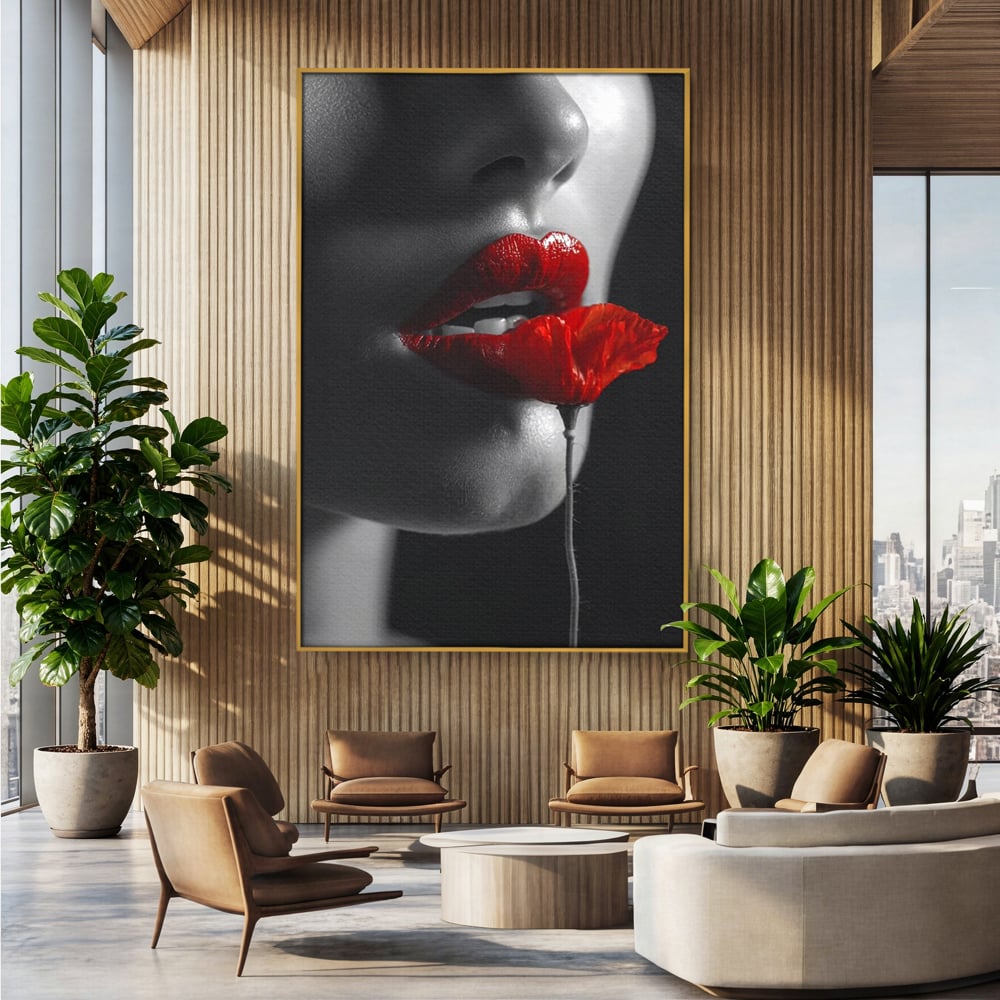 Tablou Canvas Premium, LuxCanva® P1011, Sărutul Macului, Rosu, Floare, Mac, Buze, Tacere, Seductie, Murmur, Petale, Inocenta, Foc, Sexy, Dorinta, Pasiune, Viata, Living, Dormitor