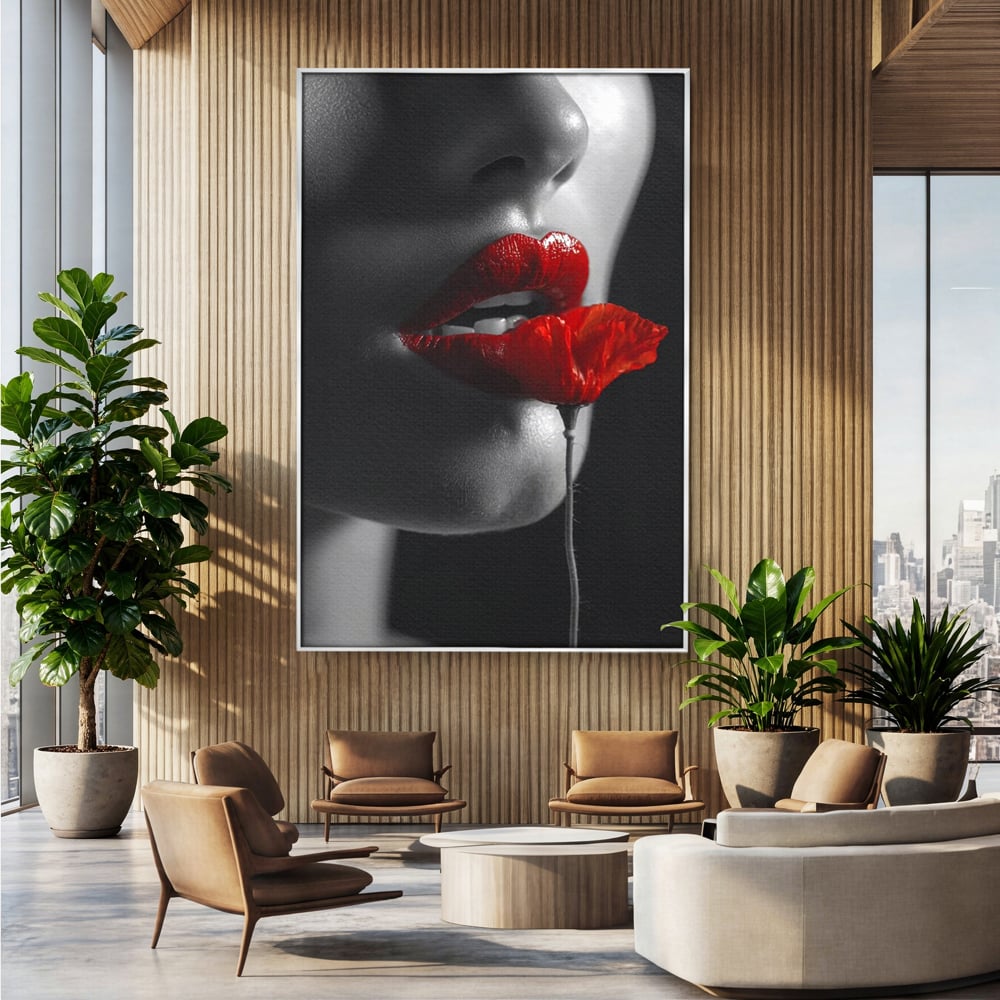 Tablou Canvas Premium, LuxCanva® P1011, Sărutul Macului, Rosu, Floare, Mac, Buze, Tacere, Seductie, Murmur, Petale, Inocenta, Foc, Sexy, Dorinta, Pasiune, Viata, Living, Dormitor
