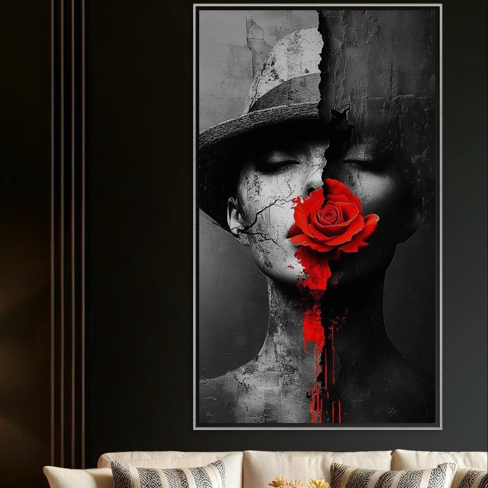 Leinwand Premium Canvas Wandbilder, LuxCanva® P1012, Risse in der Seele, Rot, Blume, Hut, Bruch, Licht, Dunkelheit, Finsternis, Gesicht, Portrait, Ruinen, Dualität, Sinnlichkeit, Wohnen, Schlafzimmer