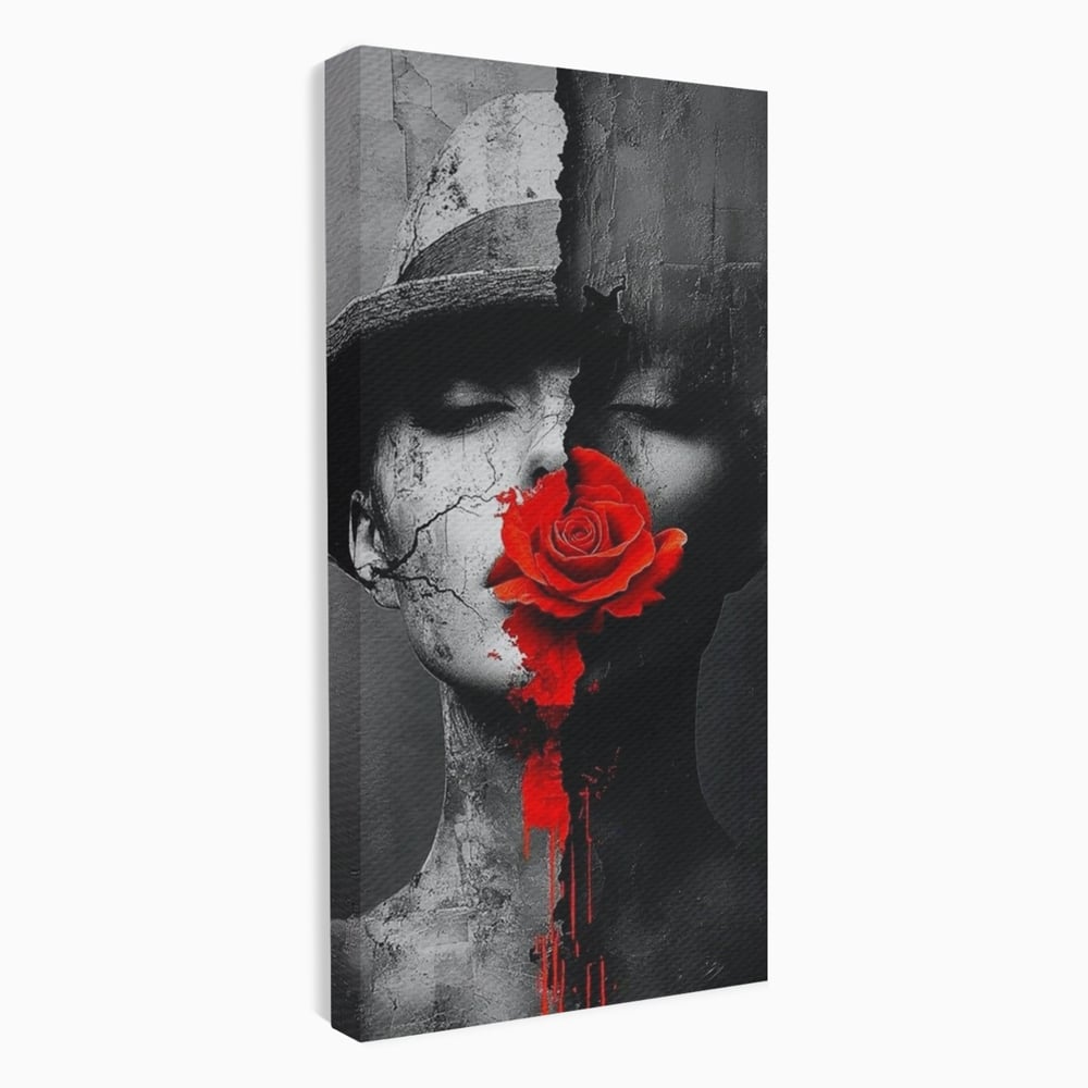 Leinwand Premium Canvas Wandbilder, LuxCanva® P1012, Risse in der Seele, Rot, Blume, Hut, Bruch, Licht, Dunkelheit, Finsternis, Gesicht, Portrait, Ruinen, Dualität, Sinnlichkeit, Wohnen, Schlafzimmer