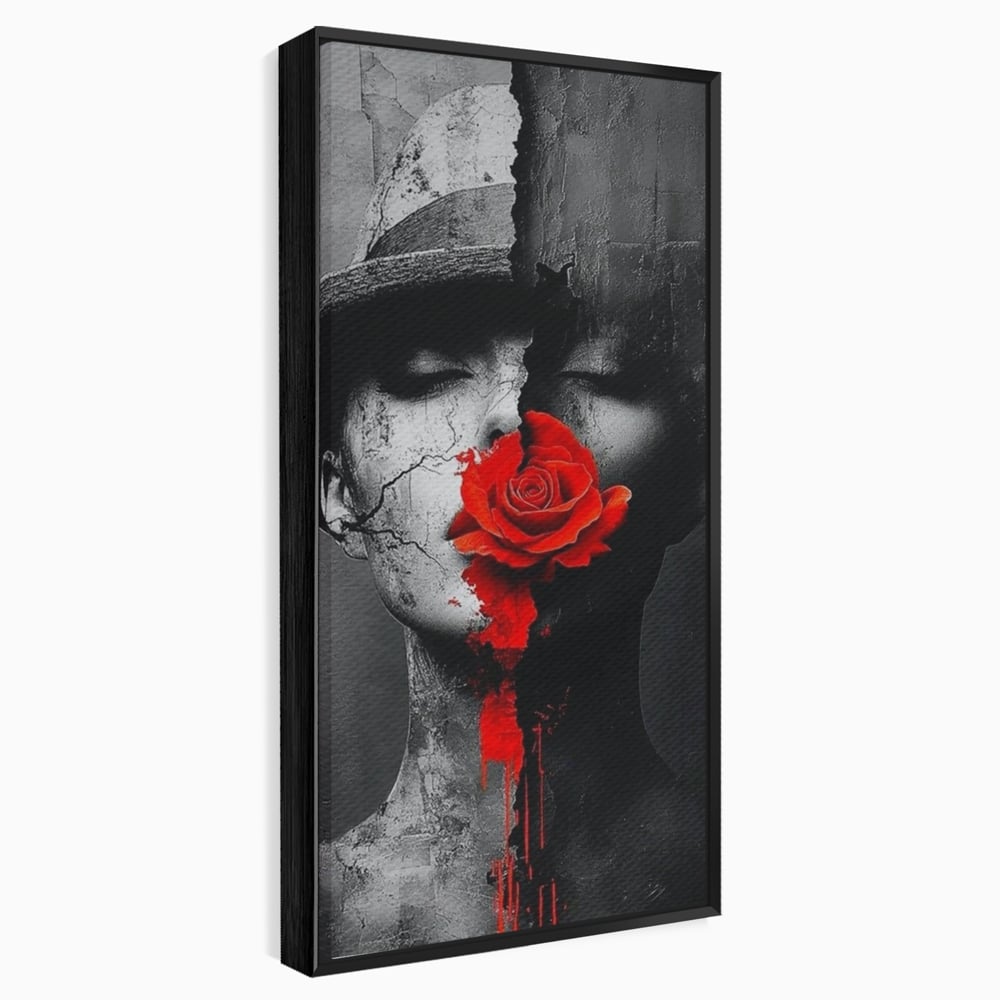 Leinwand Premium Canvas Wandbilder, LuxCanva® P1012, Risse in der Seele, Rot, Blume, Hut, Bruch, Licht, Dunkelheit, Finsternis, Gesicht, Portrait, Ruinen, Dualität, Sinnlichkeit, Wohnen, Schlafzimmer