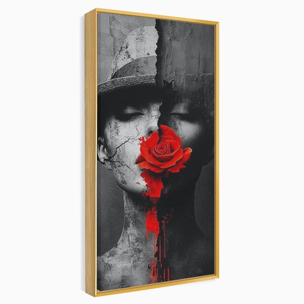 Leinwand Premium Canvas Wandbilder, LuxCanva® P1012, Risse in der Seele, Rot, Blume, Hut, Bruch, Licht, Dunkelheit, Finsternis, Gesicht, Portrait, Ruinen, Dualität, Sinnlichkeit, Wohnen, Schlafzimmer