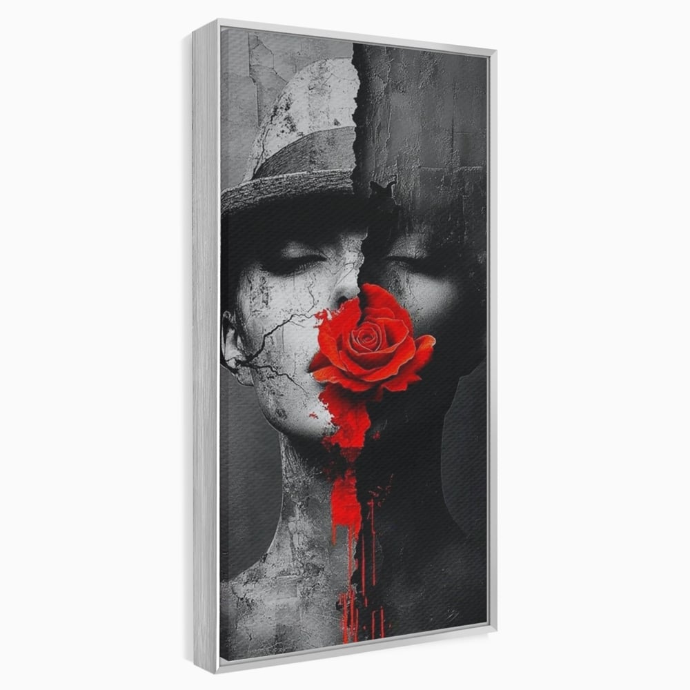 Leinwand Premium Canvas Wandbilder, LuxCanva® P1012, Risse in der Seele, Rot, Blume, Hut, Bruch, Licht, Dunkelheit, Finsternis, Gesicht, Portrait, Ruinen, Dualität, Sinnlichkeit, Wohnen, Schlafzimmer