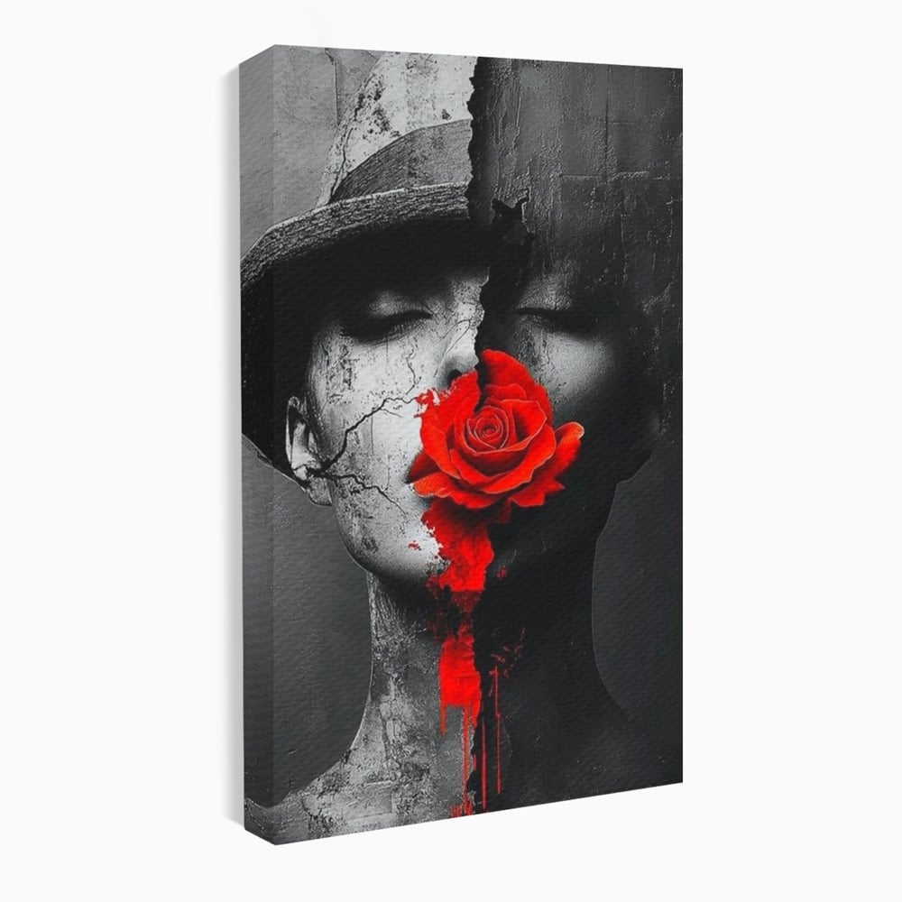 Leinwand Premium Canvas Wandbilder, LuxCanva® P1012, Risse in der Seele, Rot, Blume, Hut, Bruch, Licht, Dunkelheit, Finsternis, Gesicht, Portrait, Ruinen, Dualität, Sinnlichkeit, Wohnen, Schlafzimmer