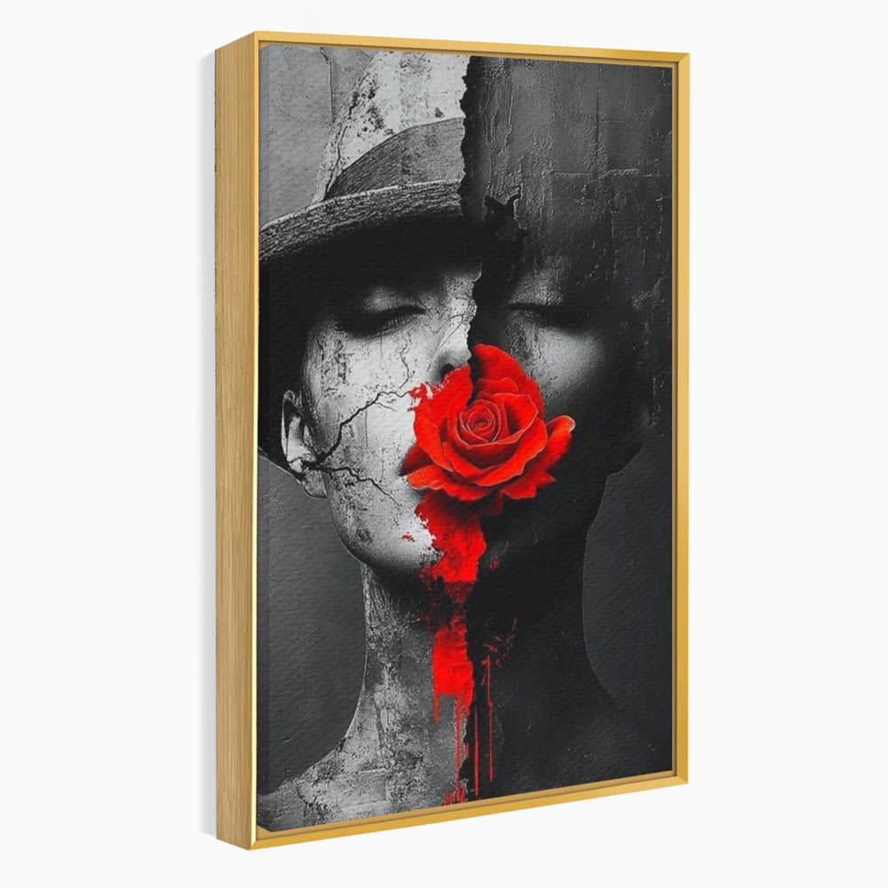 Leinwand Premium Canvas Wandbilder, LuxCanva® P1012, Risse in der Seele, Rot, Blume, Hut, Bruch, Licht, Dunkelheit, Finsternis, Gesicht, Portrait, Ruinen, Dualität, Sinnlichkeit, Wohnen, Schlafzimmer