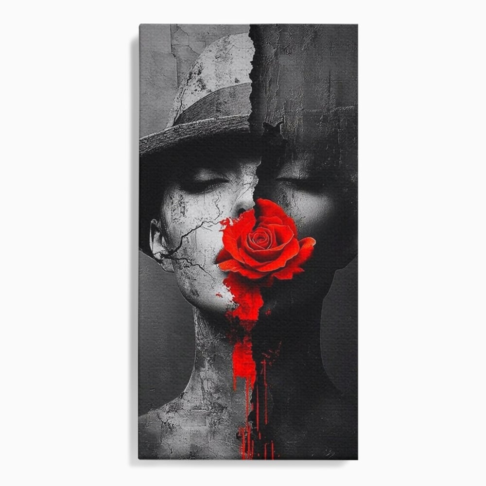 Leinwand Premium Canvas Wandbilder, LuxCanva® P1012, Risse in der Seele, Rot, Blume, Hut, Bruch, Licht, Dunkelheit, Finsternis, Gesicht, Portrait, Ruinen, Dualität, Sinnlichkeit, Wohnen, Schlafzimmer