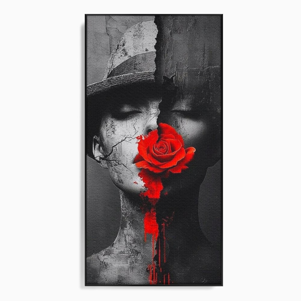 Leinwand Premium Canvas Wandbilder, LuxCanva® P1012, Risse in der Seele, Rot, Blume, Hut, Bruch, Licht, Dunkelheit, Finsternis, Gesicht, Portrait, Ruinen, Dualität, Sinnlichkeit, Wohnen, Schlafzimmer