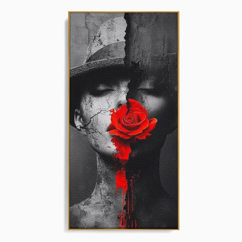 Leinwand Premium Canvas Wandbilder, LuxCanva® P1012, Risse in der Seele, Rot, Blume, Hut, Bruch, Licht, Dunkelheit, Finsternis, Gesicht, Portrait, Ruinen, Dualität, Sinnlichkeit, Wohnen, Schlafzimmer