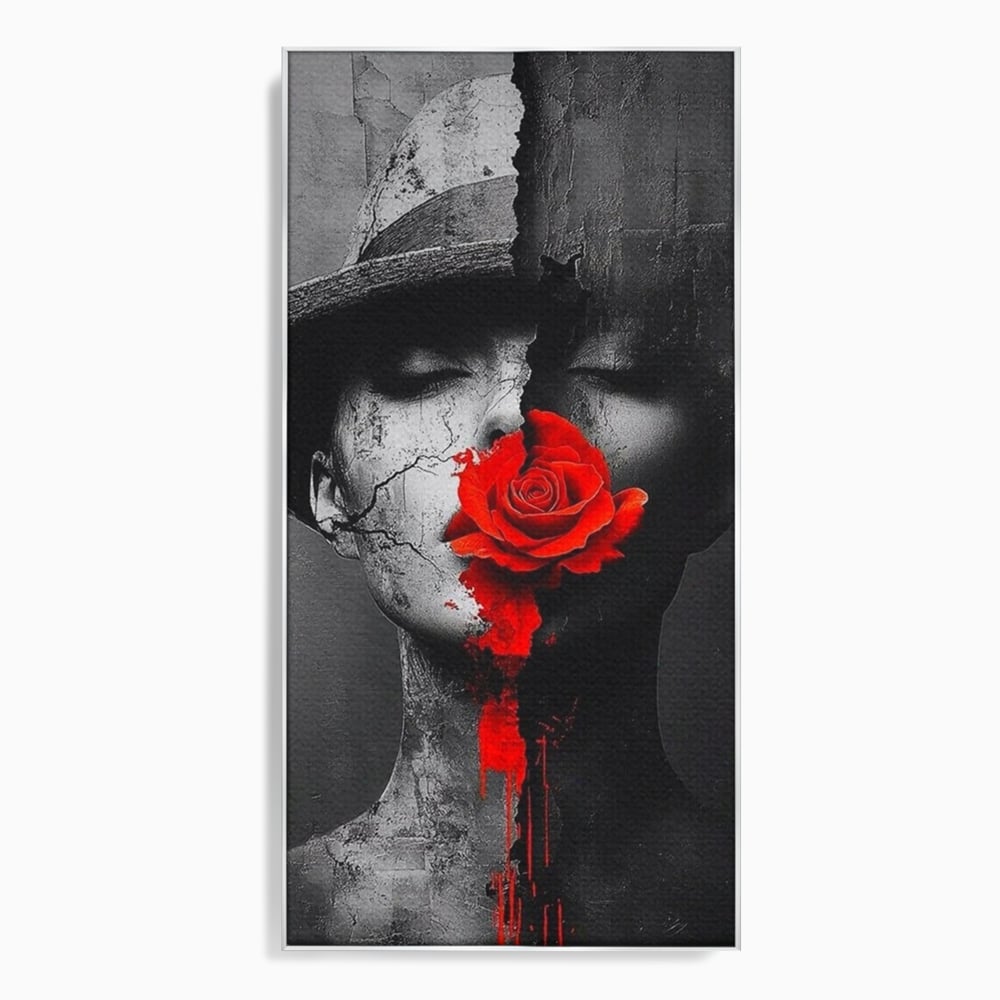 Leinwand Premium Canvas Wandbilder, LuxCanva® P1012, Risse in der Seele, Rot, Blume, Hut, Bruch, Licht, Dunkelheit, Finsternis, Gesicht, Portrait, Ruinen, Dualität, Sinnlichkeit, Wohnen, Schlafzimmer