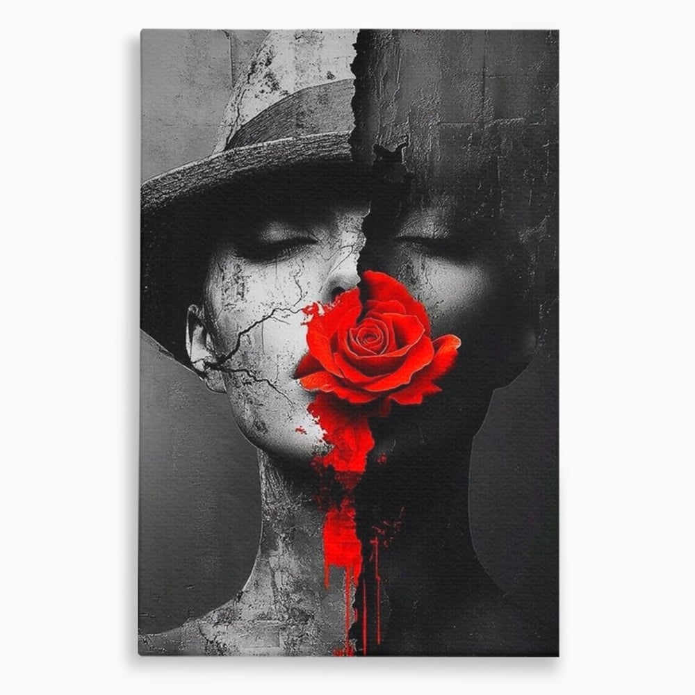 Leinwand Premium Canvas Wandbilder, LuxCanva® P1012, Risse in der Seele, Rot, Blume, Hut, Bruch, Licht, Dunkelheit, Finsternis, Gesicht, Portrait, Ruinen, Dualität, Sinnlichkeit, Wohnen, Schlafzimmer