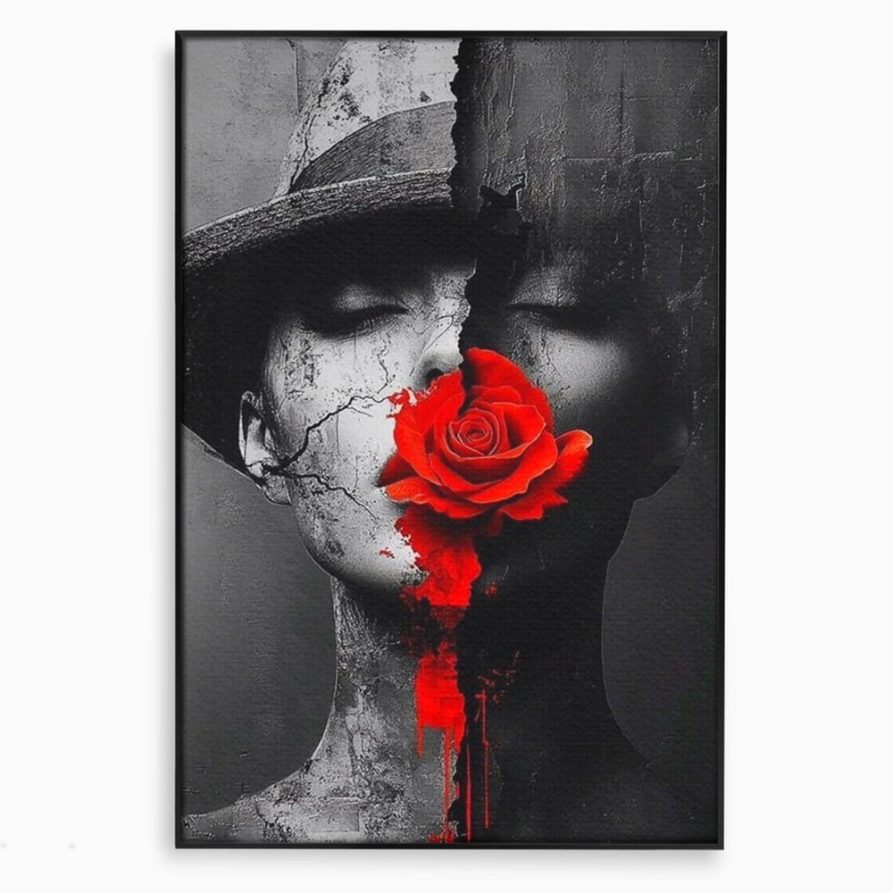 Leinwand Premium Canvas Wandbilder, LuxCanva® P1012, Risse in der Seele, Rot, Blume, Hut, Bruch, Licht, Dunkelheit, Finsternis, Gesicht, Portrait, Ruinen, Dualität, Sinnlichkeit, Wohnen, Schlafzimmer