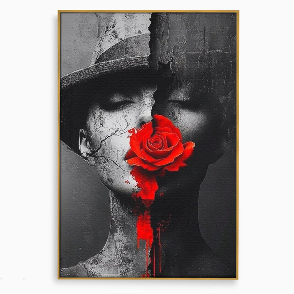 Leinwand Premium Canvas Wandbilder, LuxCanva® P1012, Risse in der Seele, Rot, Blume, Hut, Bruch, Licht, Dunkelheit, Finsternis, Gesicht, Portrait, Ruinen, Dualität, Sinnlichkeit, Wohnen, Schlafzimmer