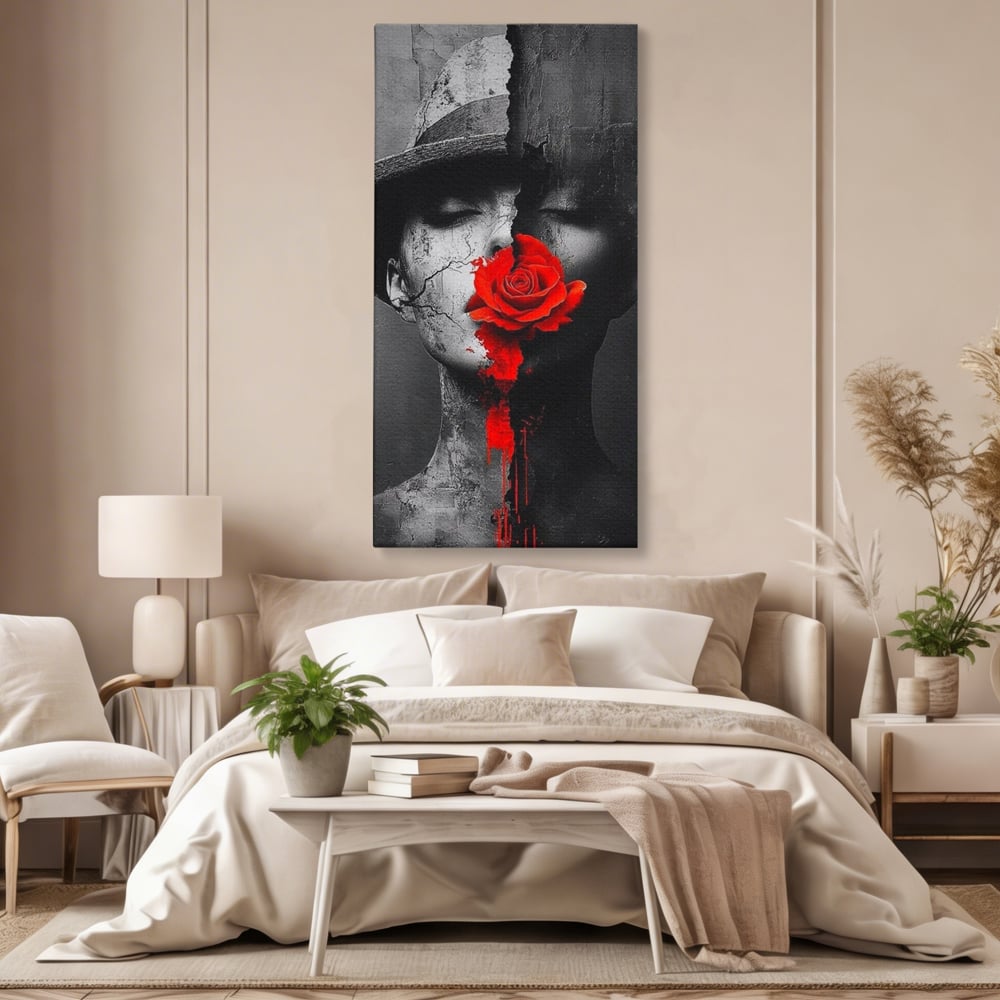 Leinwand Premium Canvas Wandbilder, LuxCanva® P1012, Risse in der Seele, Rot, Blume, Hut, Bruch, Licht, Dunkelheit, Finsternis, Gesicht, Portrait, Ruinen, Dualität, Sinnlichkeit, Wohnen, Schlafzimmer