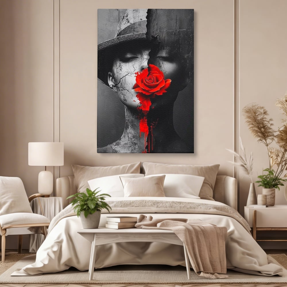 Leinwand Premium Canvas Wandbilder, LuxCanva® P1012, Risse in der Seele, Rot, Blume, Hut, Bruch, Licht, Dunkelheit, Finsternis, Gesicht, Portrait, Ruinen, Dualität, Sinnlichkeit, Wohnen, Schlafzimmer