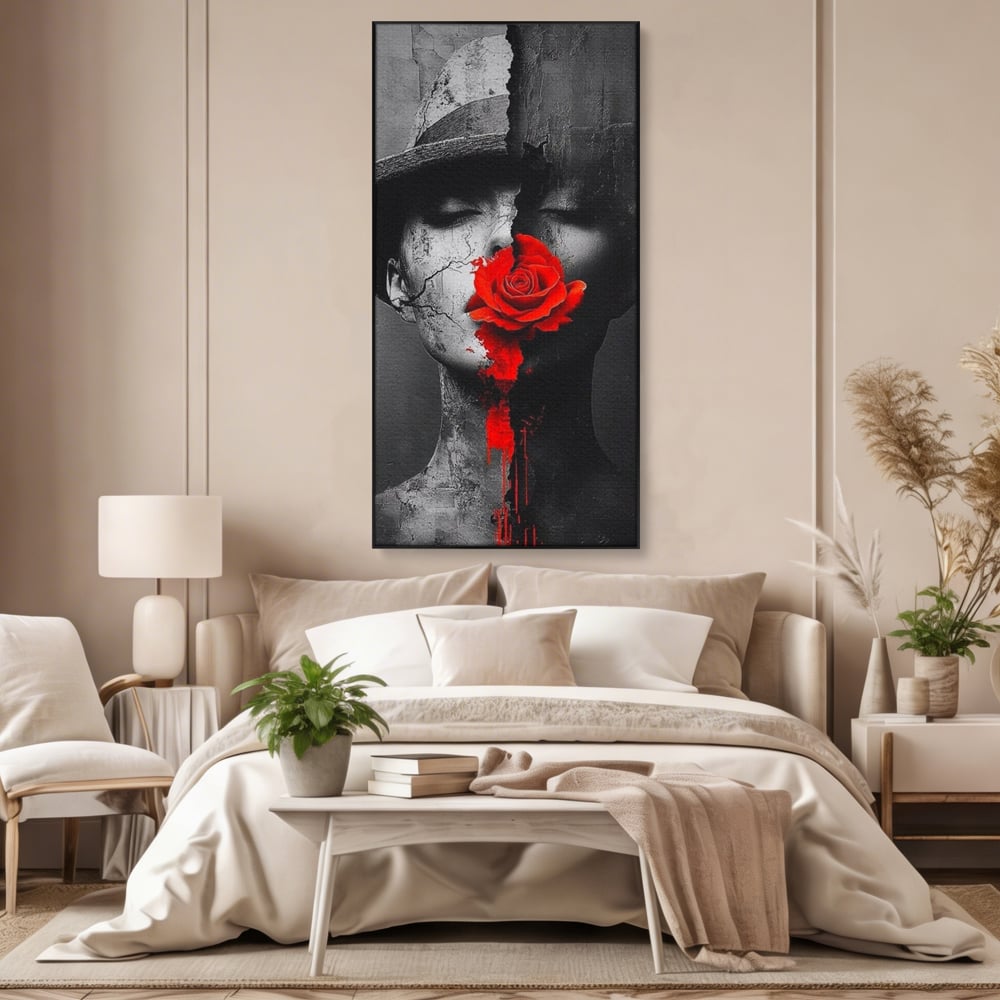 Leinwand Premium Canvas Wandbilder, LuxCanva® P1012, Risse in der Seele, Rot, Blume, Hut, Bruch, Licht, Dunkelheit, Finsternis, Gesicht, Portrait, Ruinen, Dualität, Sinnlichkeit, Wohnen, Schlafzimmer