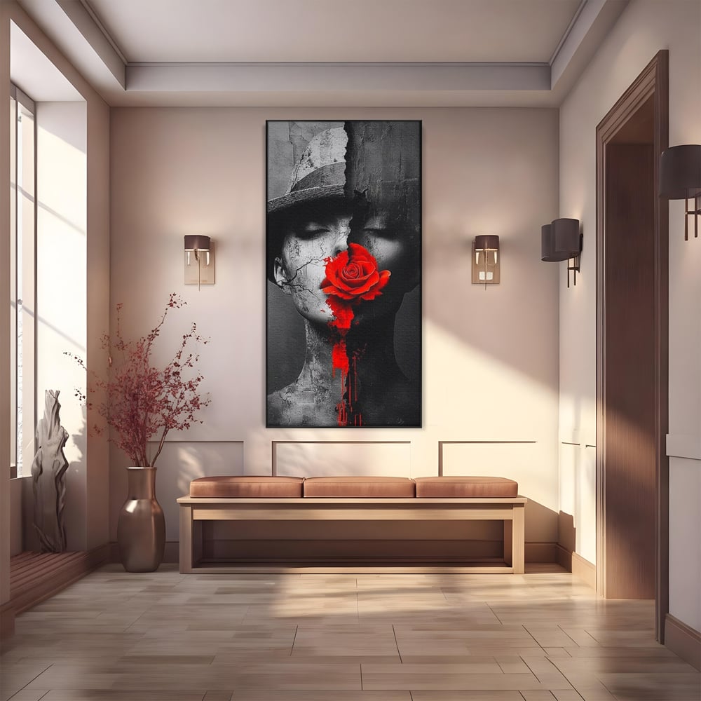 Leinwand Premium Canvas Wandbilder, LuxCanva® P1012, Risse in der Seele, Rot, Blume, Hut, Bruch, Licht, Dunkelheit, Finsternis, Gesicht, Portrait, Ruinen, Dualität, Sinnlichkeit, Wohnen, Schlafzimmer