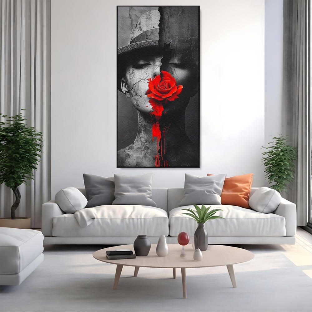 Leinwand Premium Canvas Wandbilder, LuxCanva® P1012, Risse in der Seele, Rot, Blume, Hut, Bruch, Licht, Dunkelheit, Finsternis, Gesicht, Portrait, Ruinen, Dualität, Sinnlichkeit, Wohnen, Schlafzimmer