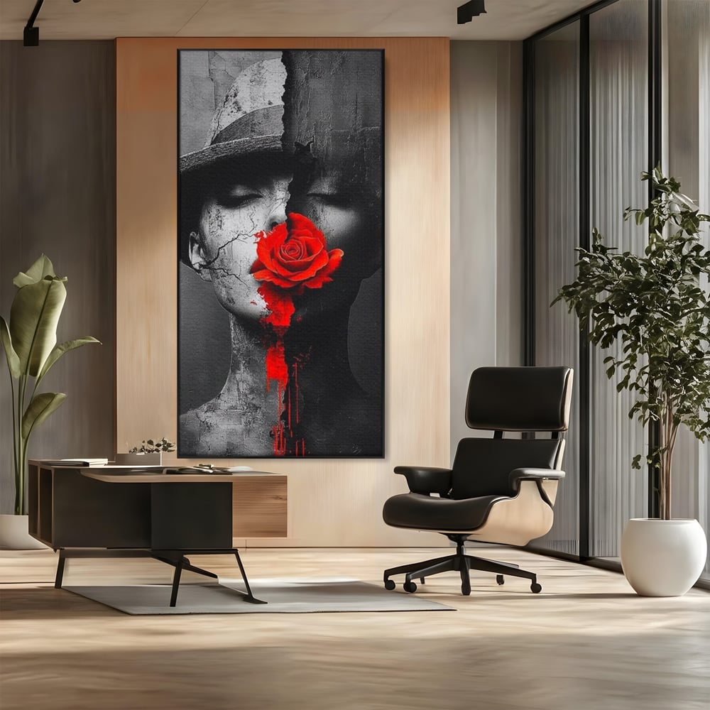 Leinwand Premium Canvas Wandbilder, LuxCanva® P1012, Risse in der Seele, Rot, Blume, Hut, Bruch, Licht, Dunkelheit, Finsternis, Gesicht, Portrait, Ruinen, Dualität, Sinnlichkeit, Wohnen, Schlafzimmer