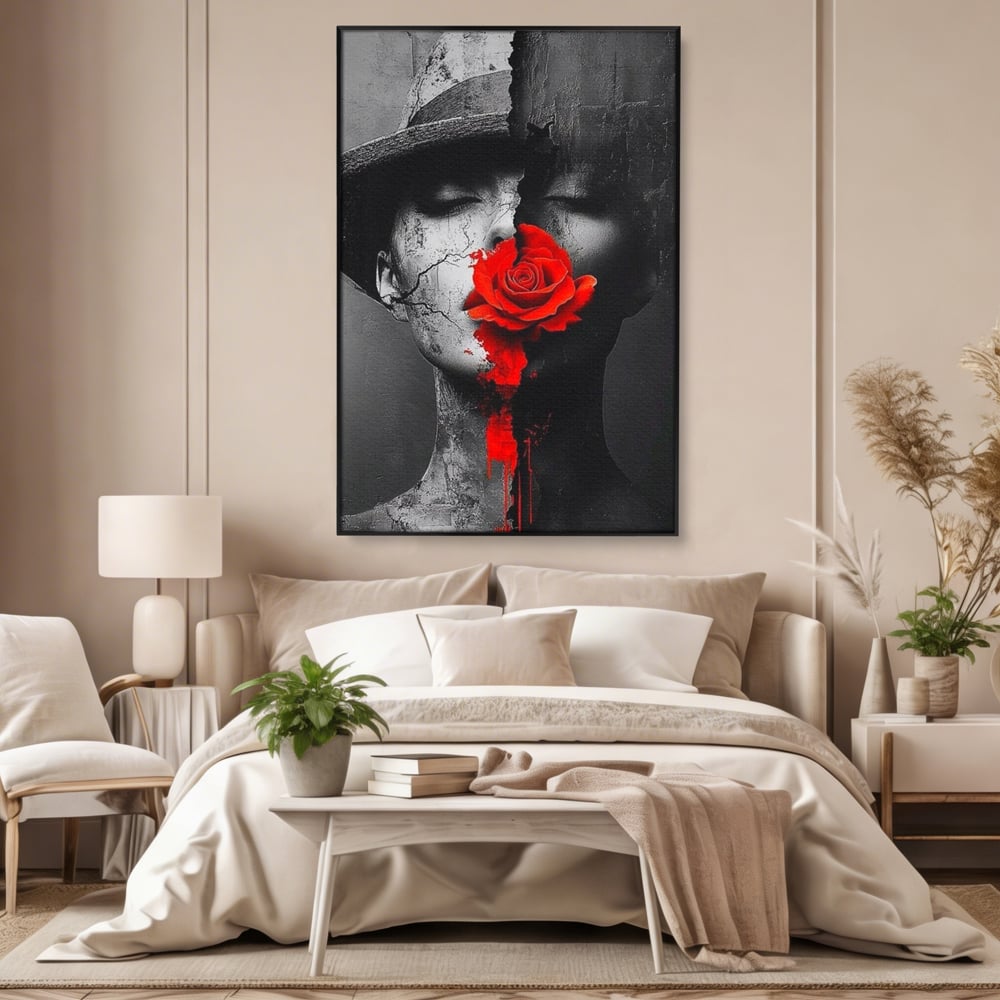 Leinwand Premium Canvas Wandbilder, LuxCanva® P1012, Risse in der Seele, Rot, Blume, Hut, Bruch, Licht, Dunkelheit, Finsternis, Gesicht, Portrait, Ruinen, Dualität, Sinnlichkeit, Wohnen, Schlafzimmer