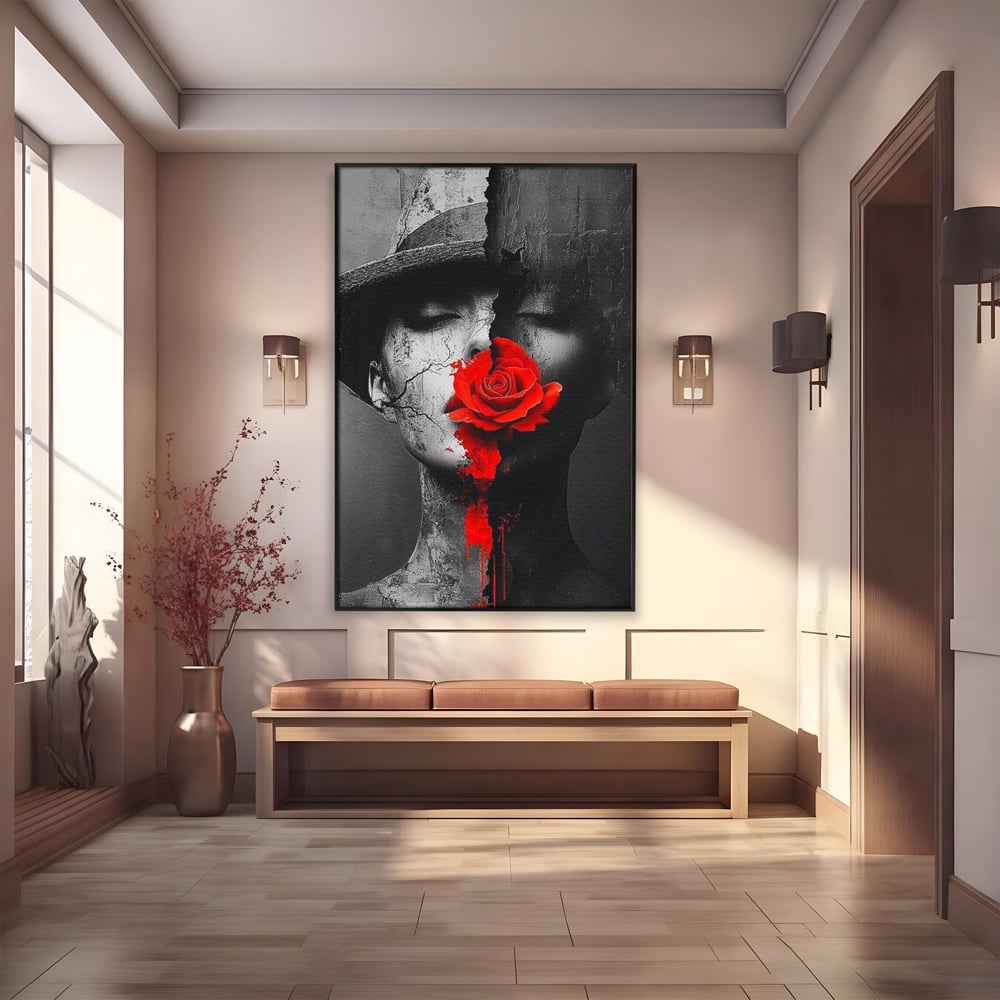 Leinwand Premium Canvas Wandbilder, LuxCanva® P1012, Risse in der Seele, Rot, Blume, Hut, Bruch, Licht, Dunkelheit, Finsternis, Gesicht, Portrait, Ruinen, Dualität, Sinnlichkeit, Wohnen, Schlafzimmer