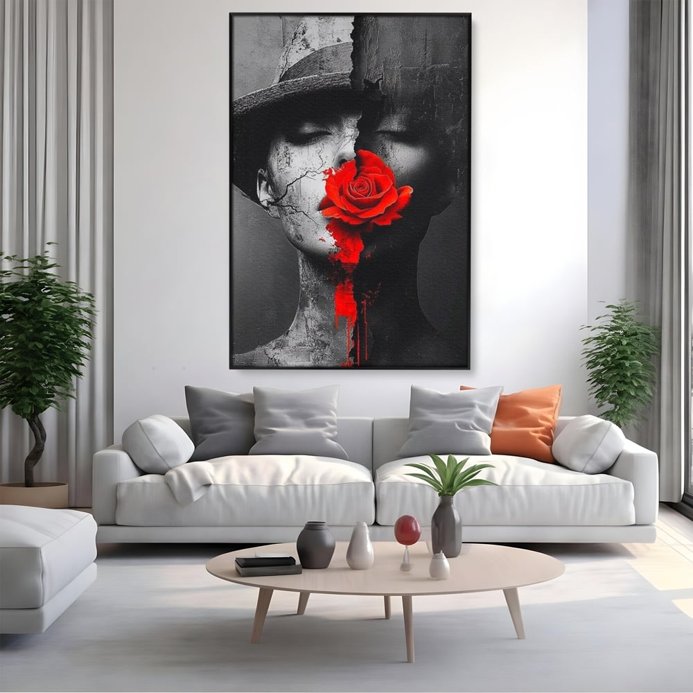 Leinwand Premium Canvas Wandbilder, LuxCanva® P1012, Risse in der Seele, Rot, Blume, Hut, Bruch, Licht, Dunkelheit, Finsternis, Gesicht, Portrait, Ruinen, Dualität, Sinnlichkeit, Wohnen, Schlafzimmer