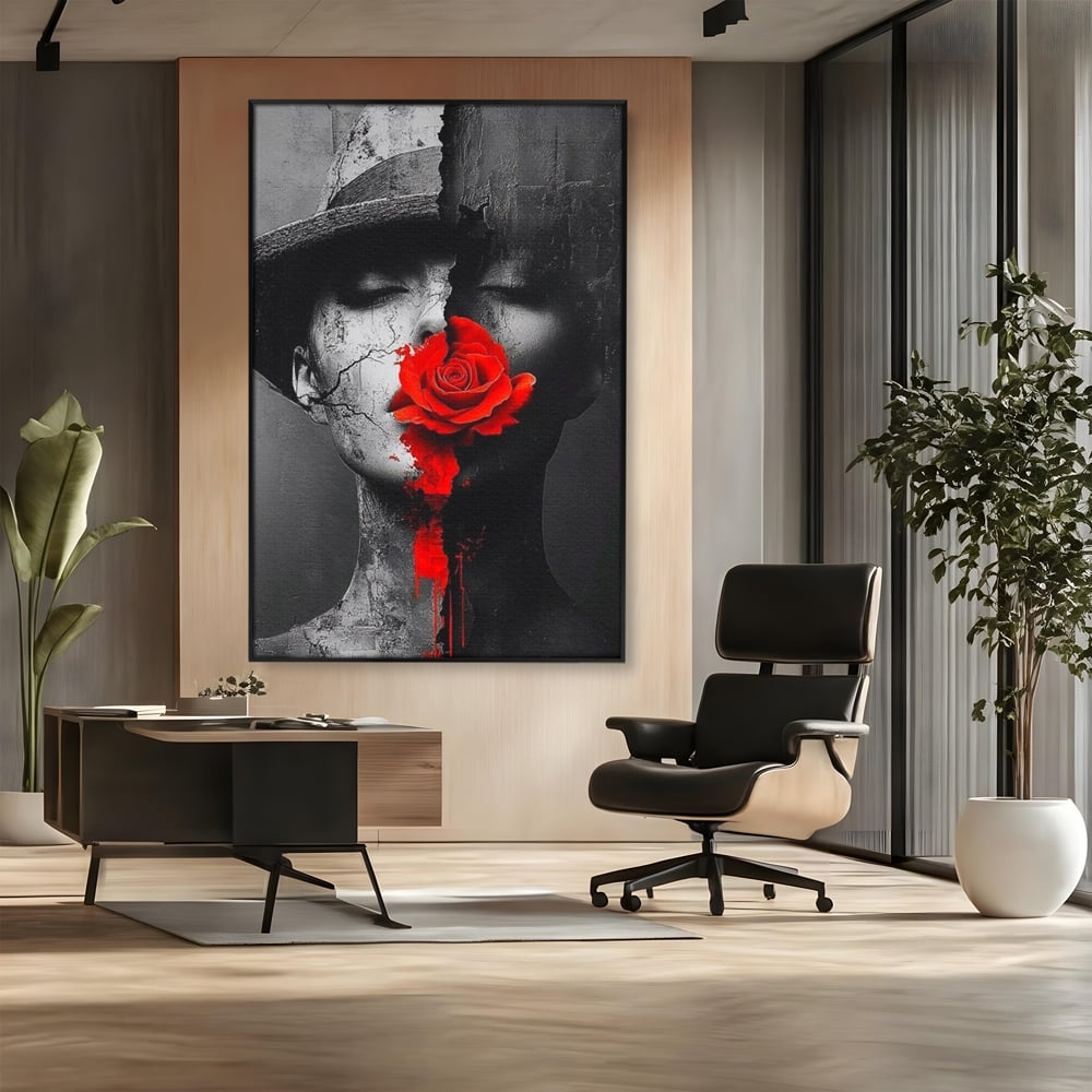 Leinwand Premium Canvas Wandbilder, LuxCanva® P1012, Risse in der Seele, Rot, Blume, Hut, Bruch, Licht, Dunkelheit, Finsternis, Gesicht, Portrait, Ruinen, Dualität, Sinnlichkeit, Wohnen, Schlafzimmer
