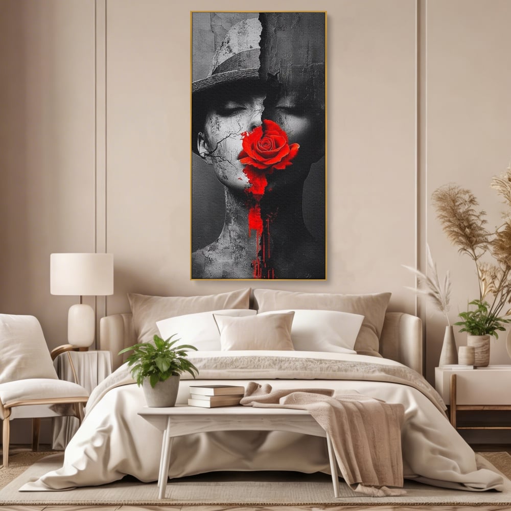 Leinwand Premium Canvas Wandbilder, LuxCanva® P1012, Risse in der Seele, Rot, Blume, Hut, Bruch, Licht, Dunkelheit, Finsternis, Gesicht, Portrait, Ruinen, Dualität, Sinnlichkeit, Wohnen, Schlafzimmer