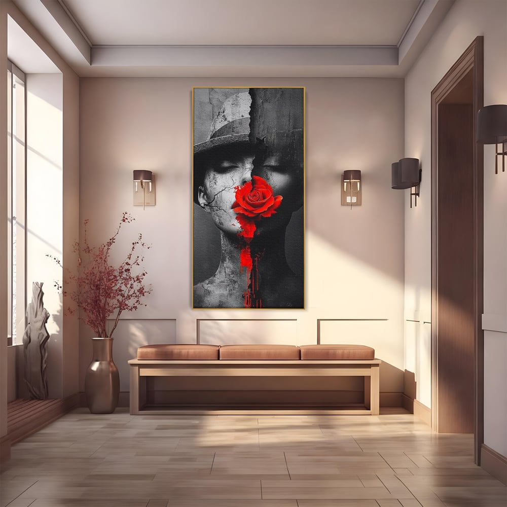Leinwand Premium Canvas Wandbilder, LuxCanva® P1012, Risse in der Seele, Rot, Blume, Hut, Bruch, Licht, Dunkelheit, Finsternis, Gesicht, Portrait, Ruinen, Dualität, Sinnlichkeit, Wohnen, Schlafzimmer