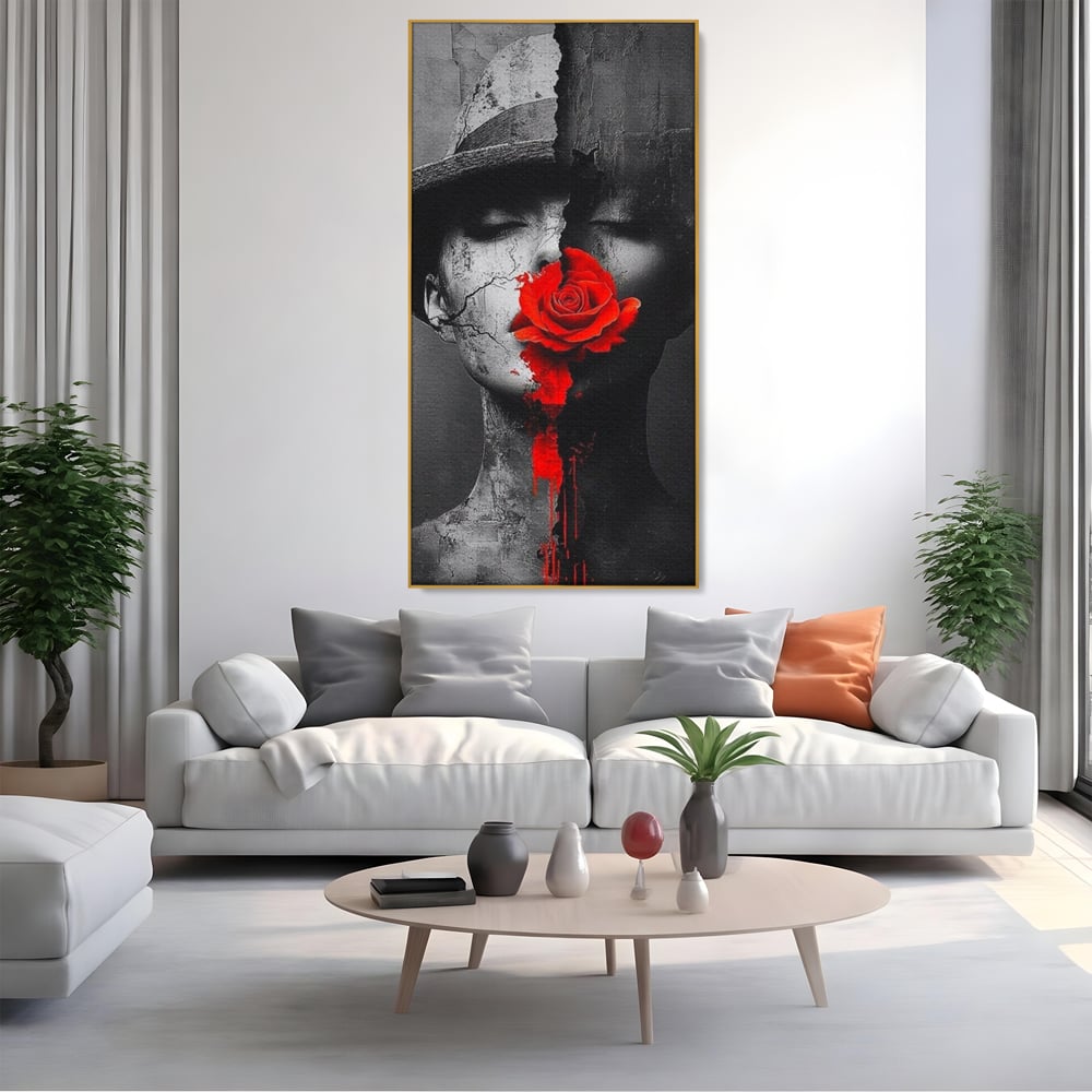 Leinwand Premium Canvas Wandbilder, LuxCanva® P1012, Risse in der Seele, Rot, Blume, Hut, Bruch, Licht, Dunkelheit, Finsternis, Gesicht, Portrait, Ruinen, Dualität, Sinnlichkeit, Wohnen, Schlafzimmer