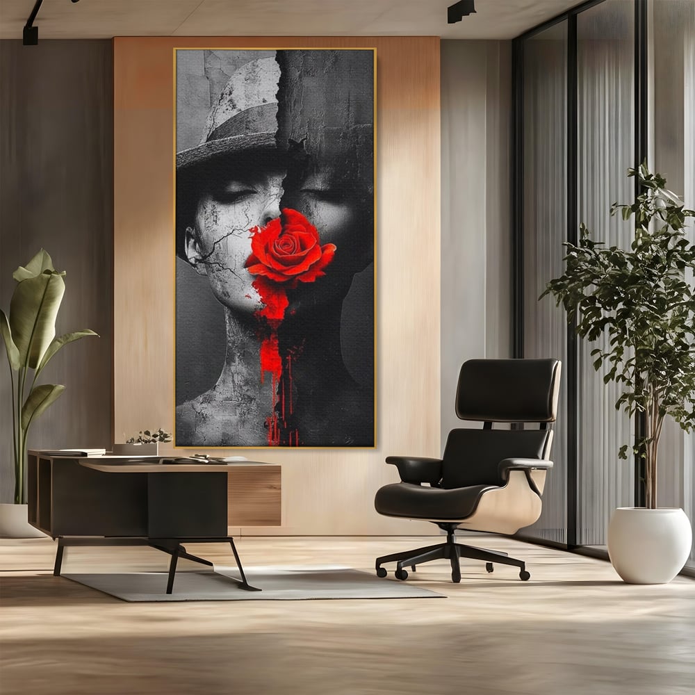 Leinwand Premium Canvas Wandbilder, LuxCanva® P1012, Risse in der Seele, Rot, Blume, Hut, Bruch, Licht, Dunkelheit, Finsternis, Gesicht, Portrait, Ruinen, Dualität, Sinnlichkeit, Wohnen, Schlafzimmer