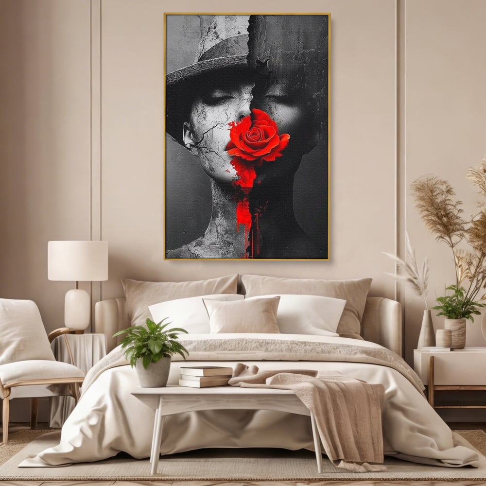 Leinwand Premium Canvas Wandbilder, LuxCanva® P1012, Risse in der Seele, Rot, Blume, Hut, Bruch, Licht, Dunkelheit, Finsternis, Gesicht, Portrait, Ruinen, Dualität, Sinnlichkeit, Wohnen, Schlafzimmer