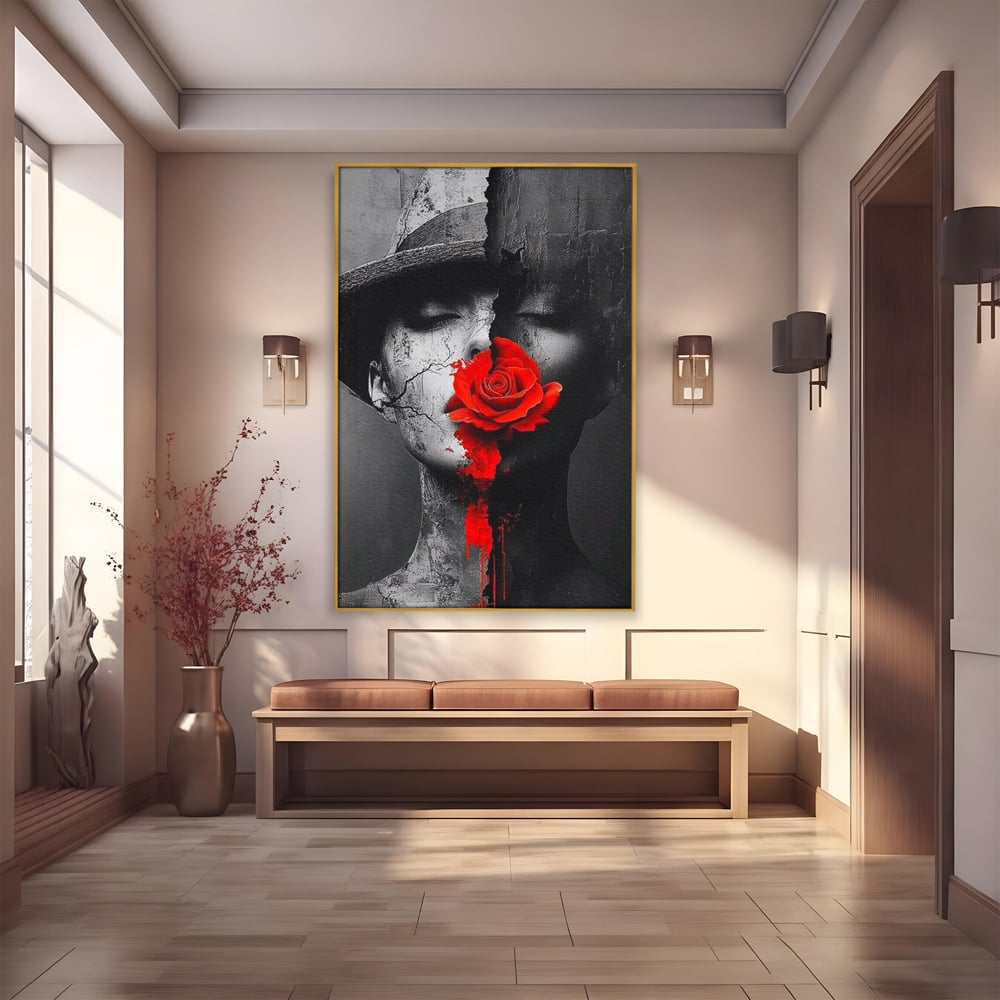 Leinwand Premium Canvas Wandbilder, LuxCanva® P1012, Risse in der Seele, Rot, Blume, Hut, Bruch, Licht, Dunkelheit, Finsternis, Gesicht, Portrait, Ruinen, Dualität, Sinnlichkeit, Wohnen, Schlafzimmer
