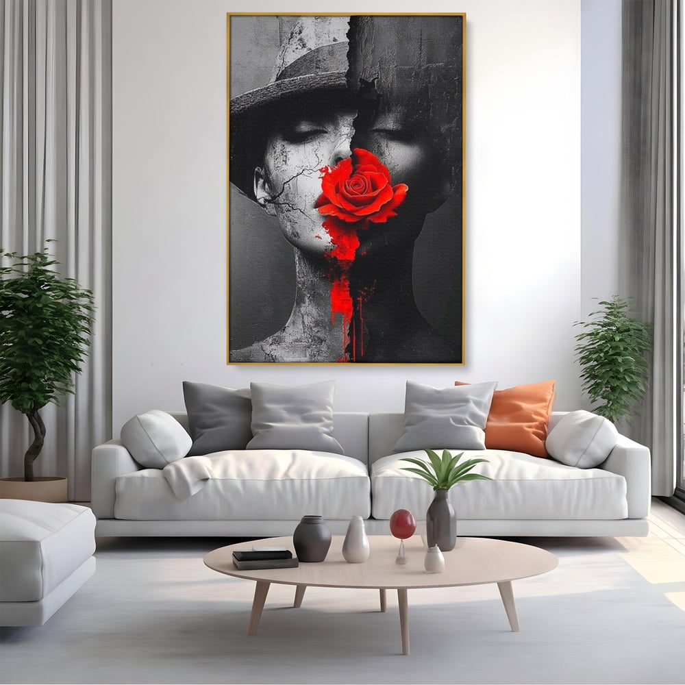 Leinwand Premium Canvas Wandbilder, LuxCanva® P1012, Risse in der Seele, Rot, Blume, Hut, Bruch, Licht, Dunkelheit, Finsternis, Gesicht, Portrait, Ruinen, Dualität, Sinnlichkeit, Wohnen, Schlafzimmer