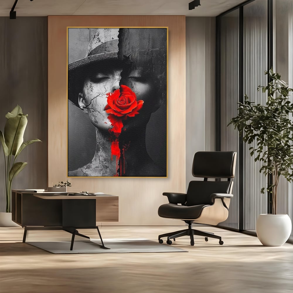 Leinwand Premium Canvas Wandbilder, LuxCanva® P1012, Risse in der Seele, Rot, Blume, Hut, Bruch, Licht, Dunkelheit, Finsternis, Gesicht, Portrait, Ruinen, Dualität, Sinnlichkeit, Wohnen, Schlafzimmer