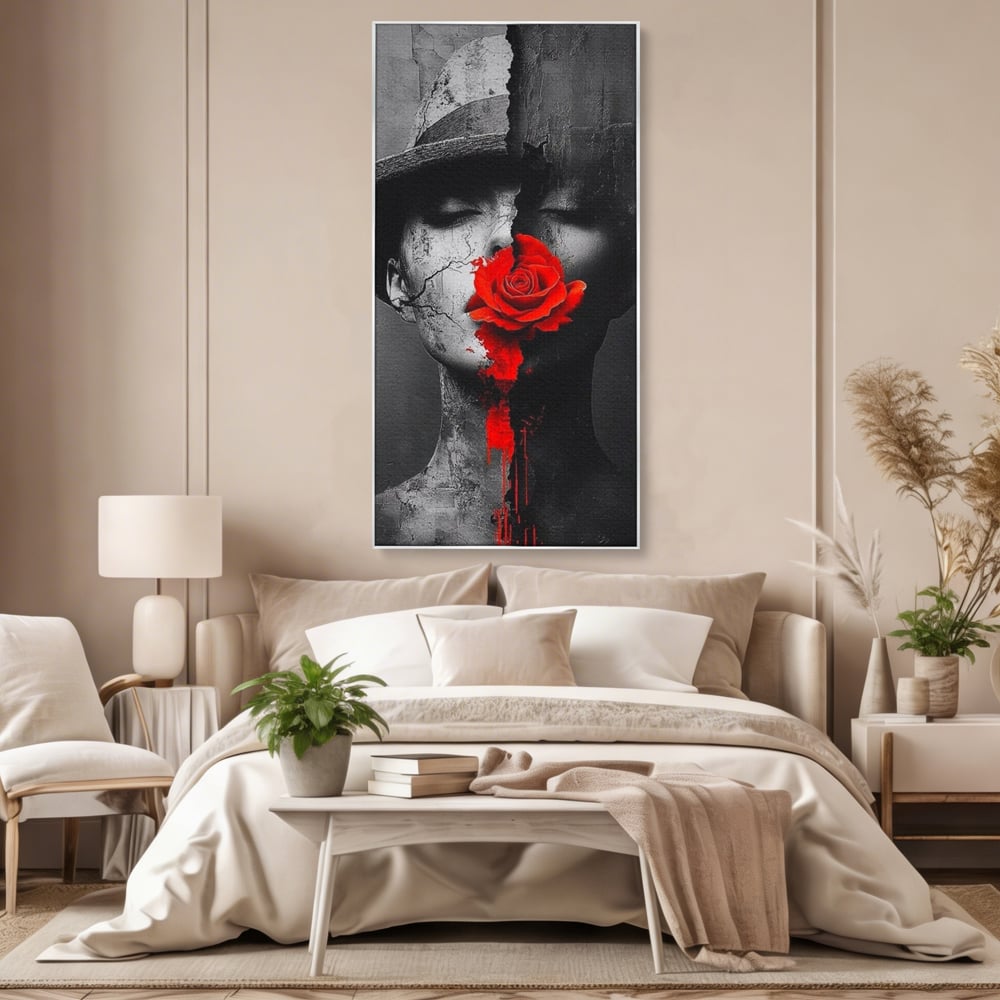 Leinwand Premium Canvas Wandbilder, LuxCanva® P1012, Risse in der Seele, Rot, Blume, Hut, Bruch, Licht, Dunkelheit, Finsternis, Gesicht, Portrait, Ruinen, Dualität, Sinnlichkeit, Wohnen, Schlafzimmer