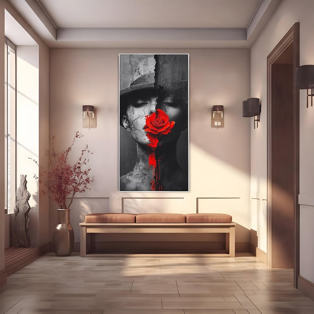 Leinwand Premium Canvas Wandbilder, LuxCanva® P1012, Risse in der Seele, Rot, Blume, Hut, Bruch, Licht, Dunkelheit, Finsternis, Gesicht, Portrait, Ruinen, Dualität, Sinnlichkeit, Wohnen, Schlafzimmer