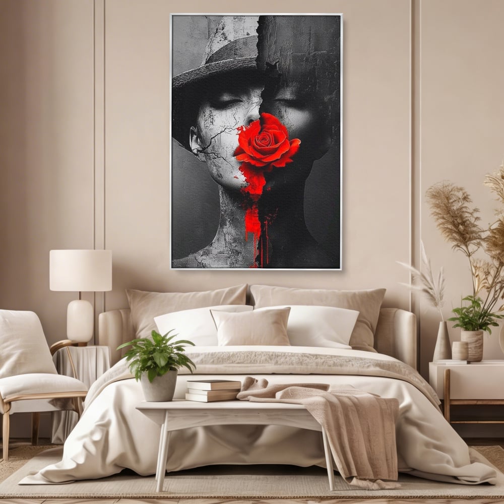 Leinwand Premium Canvas Wandbilder, LuxCanva® P1012, Risse in der Seele, Rot, Blume, Hut, Bruch, Licht, Dunkelheit, Finsternis, Gesicht, Portrait, Ruinen, Dualität, Sinnlichkeit, Wohnen, Schlafzimmer