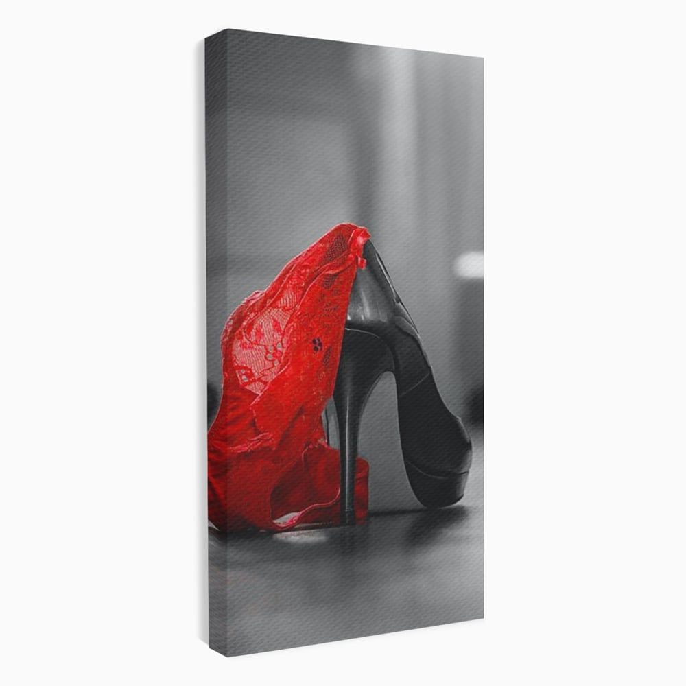 Tablou Canvas Premium, LuxCanva® P1015, Ultimul Pas al Seductiei, Feminin, Senzual, Sexy, Dantela, Stiletto, Pantofi, Pasiune, Alb si Negru, Dormitor, Living