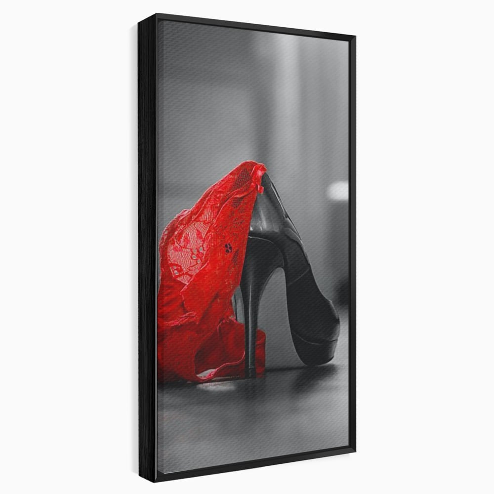 Tablou Canvas Premium, LuxCanva® P1015, Ultimul Pas al Seductiei, Feminin, Senzual, Sexy, Dantela, Stiletto, Pantofi, Pasiune, Alb si Negru, Dormitor, Living