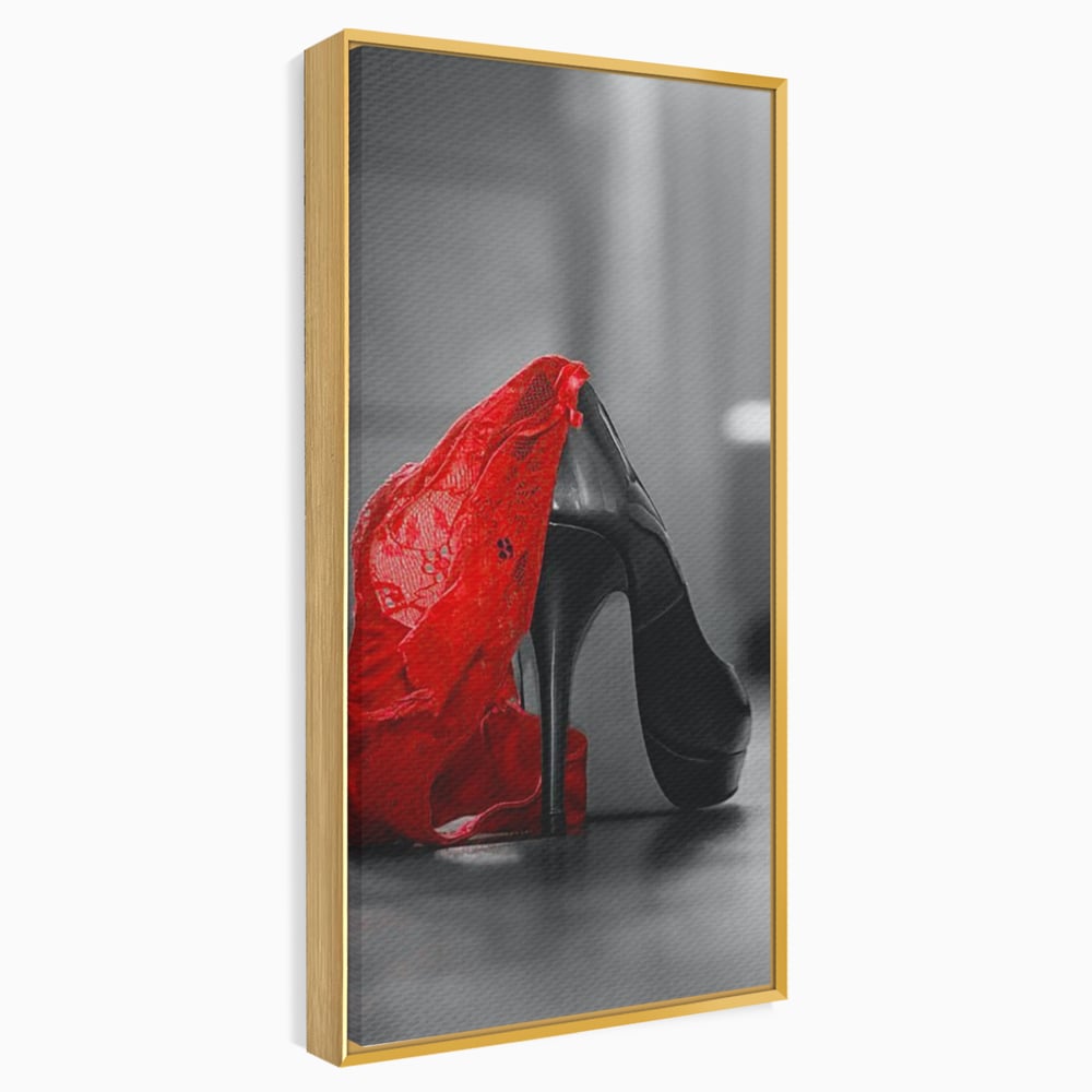Tablou Canvas Premium, LuxCanva® P1015, Ultimul Pas al Seductiei, Feminin, Senzual, Sexy, Dantela, Stiletto, Pantofi, Pasiune, Alb si Negru, Dormitor, Living