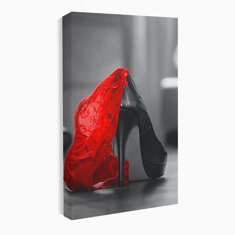 Tablou Canvas Premium, LuxCanva® P1015, Ultimul Pas al Seductiei, Feminin, Senzual, Sexy, Dantela, Stiletto, Pantofi, Pasiune, Alb si Negru, Dormitor, Living