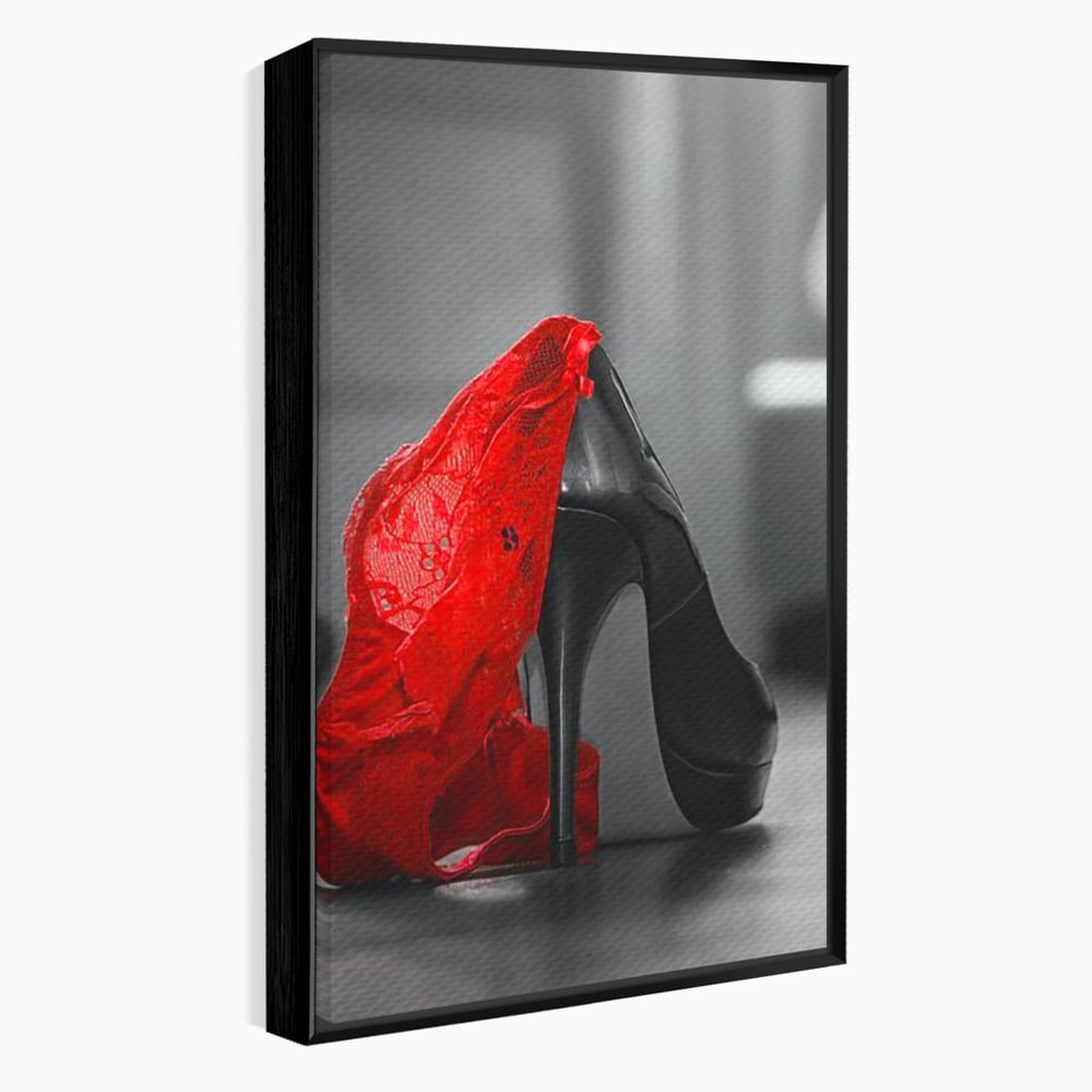 Tablou Canvas Premium, LuxCanva® P1015, Ultimul Pas al Seductiei, Feminin, Senzual, Sexy, Dantela, Stiletto, Pantofi, Pasiune, Alb si Negru, Dormitor, Living