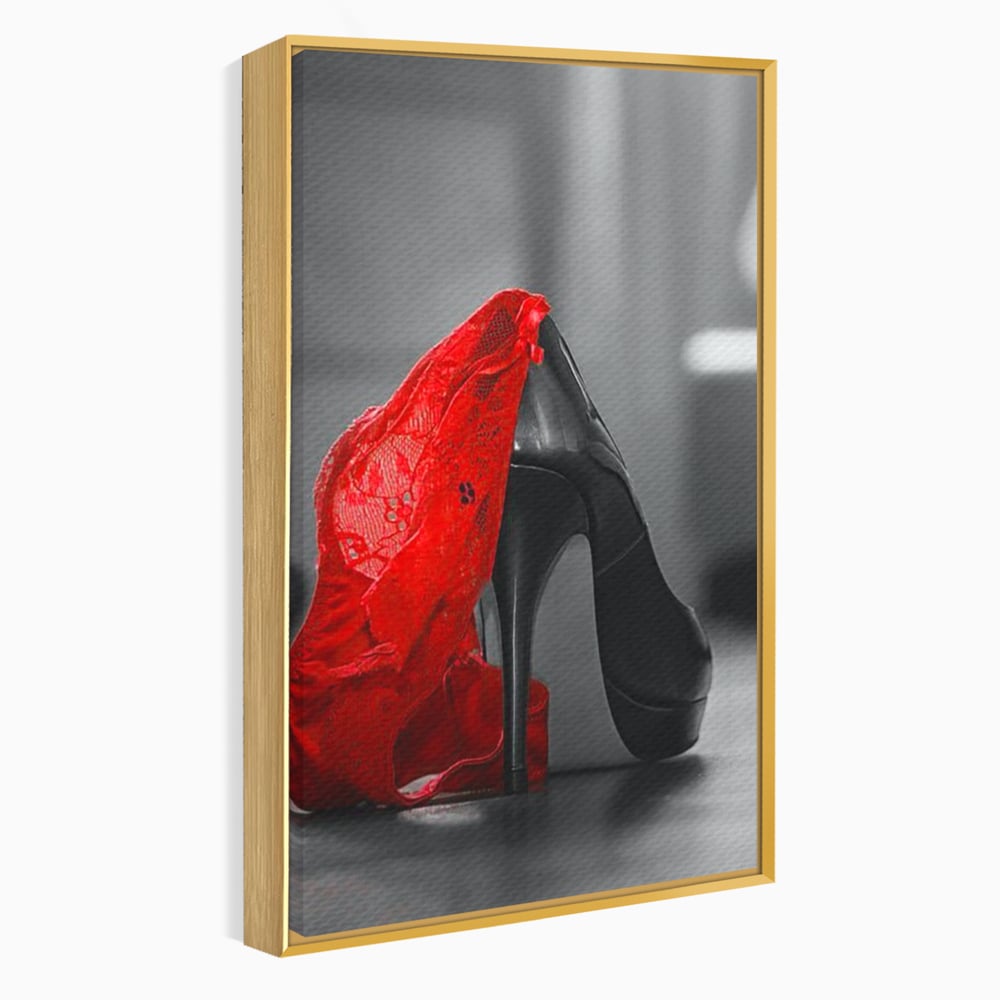 Tablou Canvas Premium, LuxCanva® P1015, Ultimul Pas al Seductiei, Feminin, Senzual, Sexy, Dantela, Stiletto, Pantofi, Pasiune, Alb si Negru, Dormitor, Living