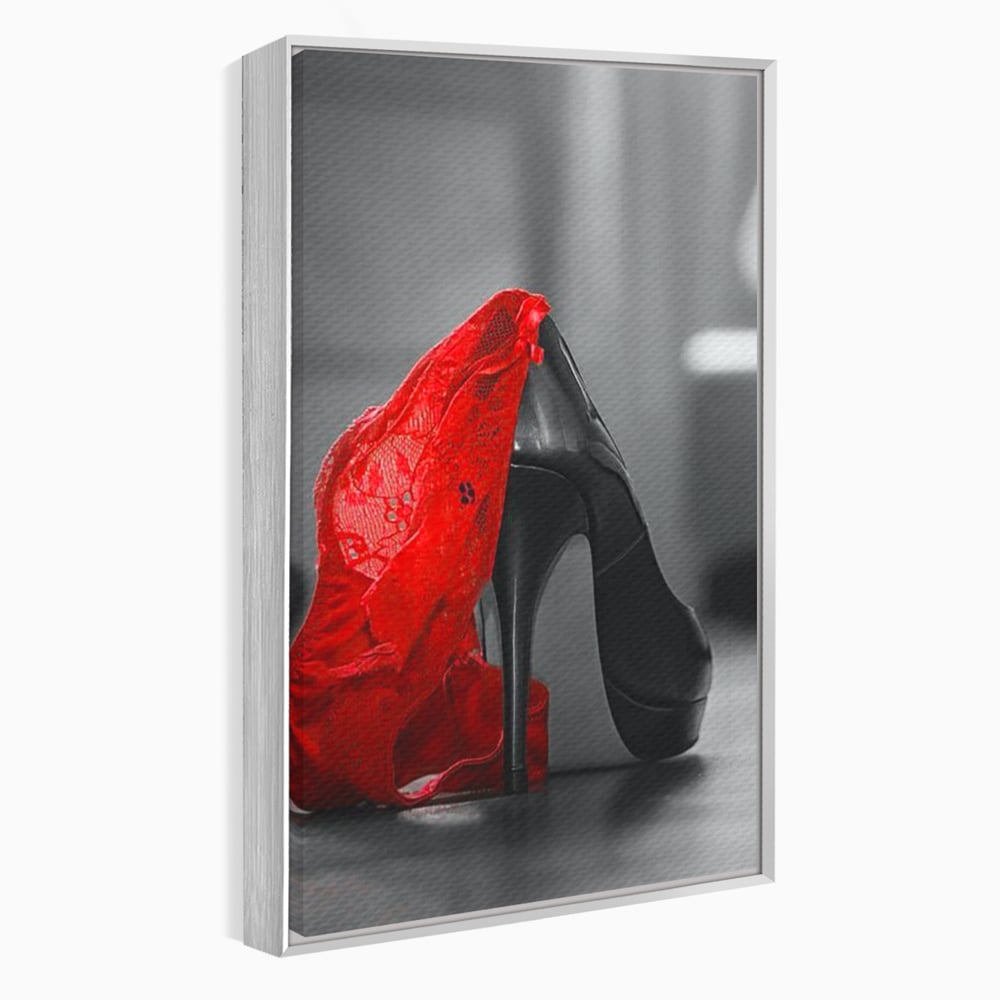Tablou Canvas Premium, LuxCanva® P1015, Ultimul Pas al Seductiei, Feminin, Senzual, Sexy, Dantela, Stiletto, Pantofi, Pasiune, Alb si Negru, Dormitor, Living