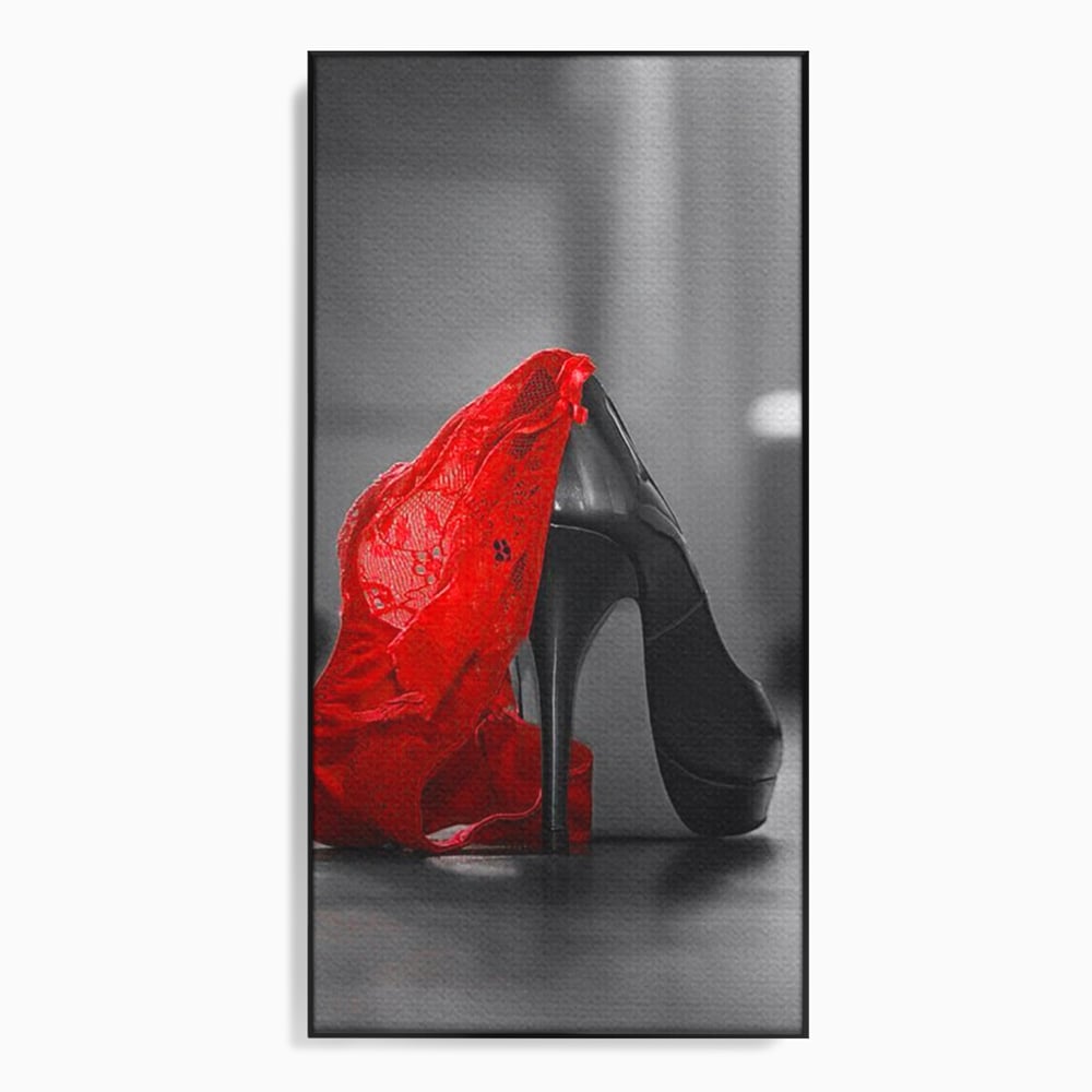 Tablou Canvas Premium, LuxCanva® P1015, Ultimul Pas al Seductiei, Feminin, Senzual, Sexy, Dantela, Stiletto, Pantofi, Pasiune, Alb si Negru, Dormitor, Living
