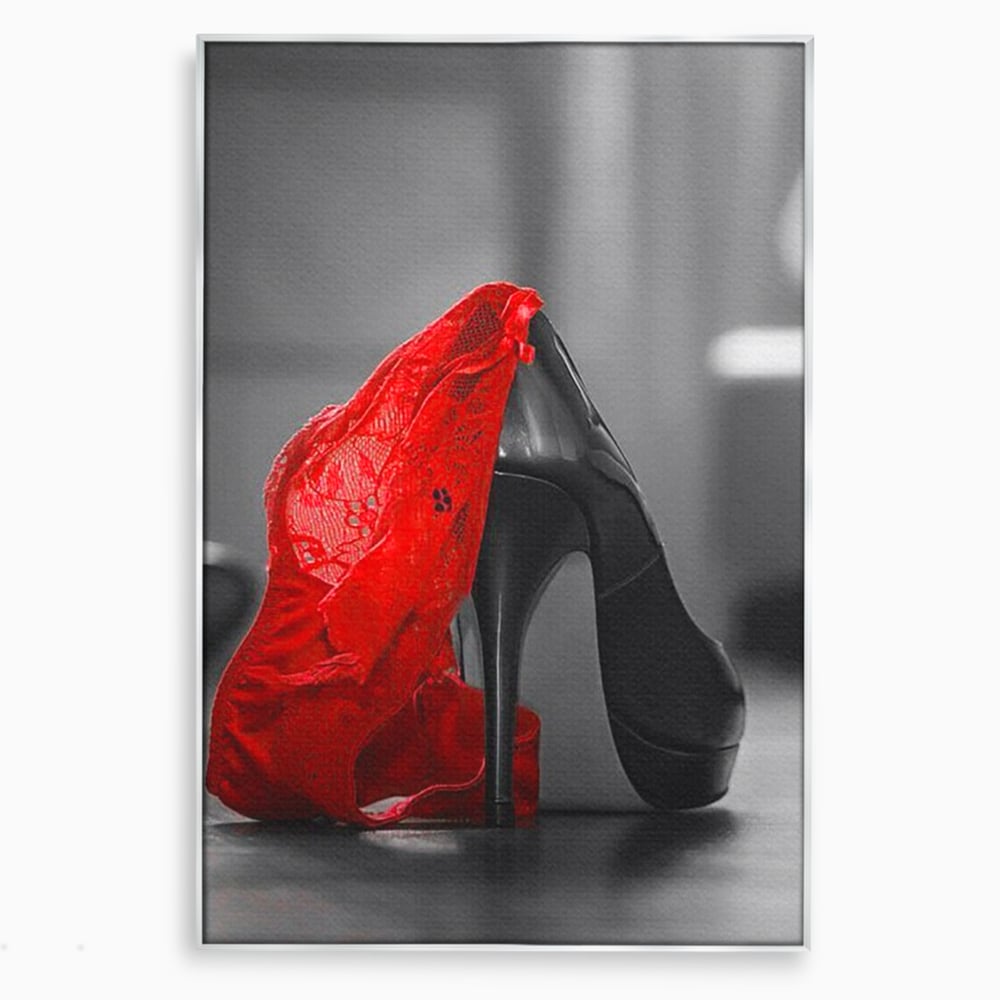 Tablou Canvas Premium, LuxCanva® P1015, Ultimul Pas al Seductiei, Feminin, Senzual, Sexy, Dantela, Stiletto, Pantofi, Pasiune, Alb si Negru, Dormitor, Living