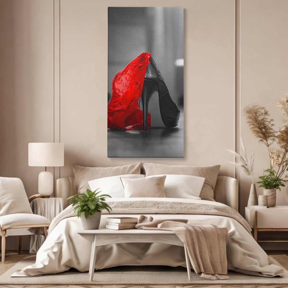 Tablou Canvas Premium, LuxCanva® P1015, Ultimul Pas al Seductiei, Feminin, Senzual, Sexy, Dantela, Stiletto, Pantofi, Pasiune, Alb si Negru, Dormitor, Living