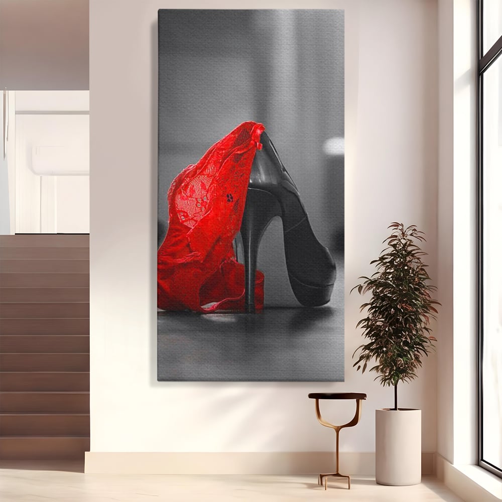 Tablou Canvas Premium, LuxCanva® P1015, Ultimul Pas al Seductiei, Feminin, Senzual, Sexy, Dantela, Stiletto, Pantofi, Pasiune, Alb si Negru, Dormitor, Living