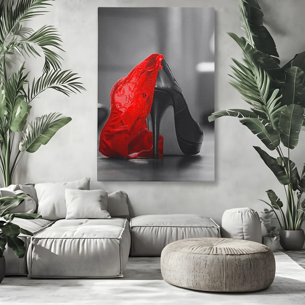 Tablou Canvas Premium, LuxCanva® P1015, Ultimul Pas al Seductiei, Feminin, Senzual, Sexy, Dantela, Stiletto, Pantofi, Pasiune, Alb si Negru, Dormitor, Living